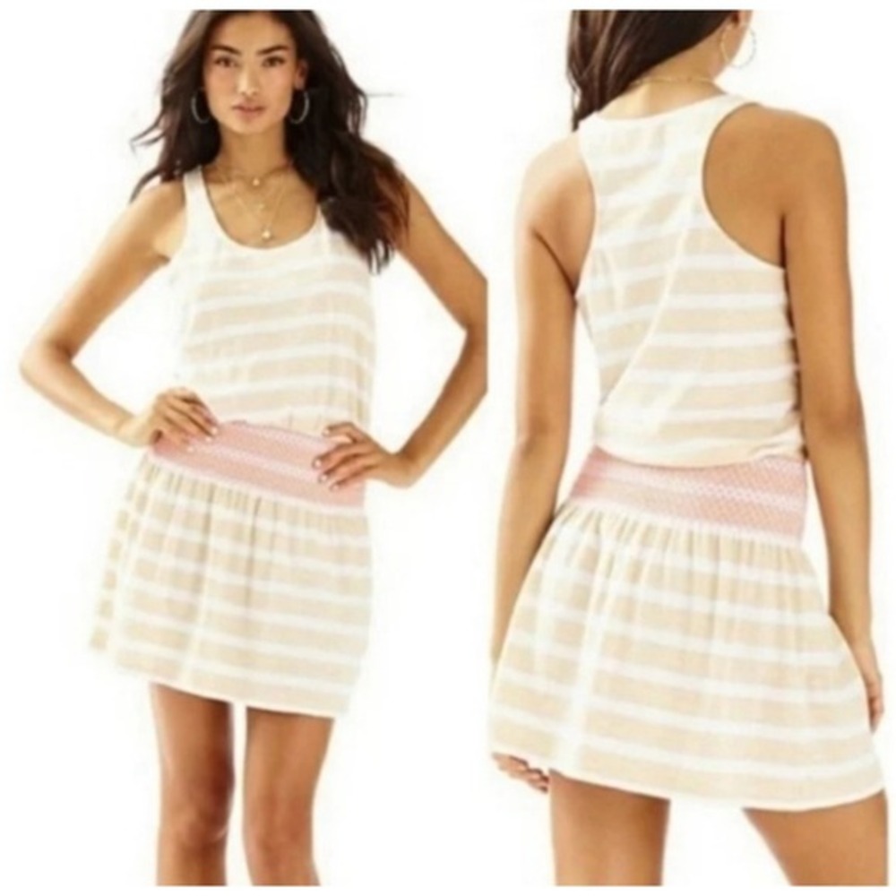 Lilly Pulitzer Striped Cotton Drop Waist Racerback Dress Gold Pink White XXS